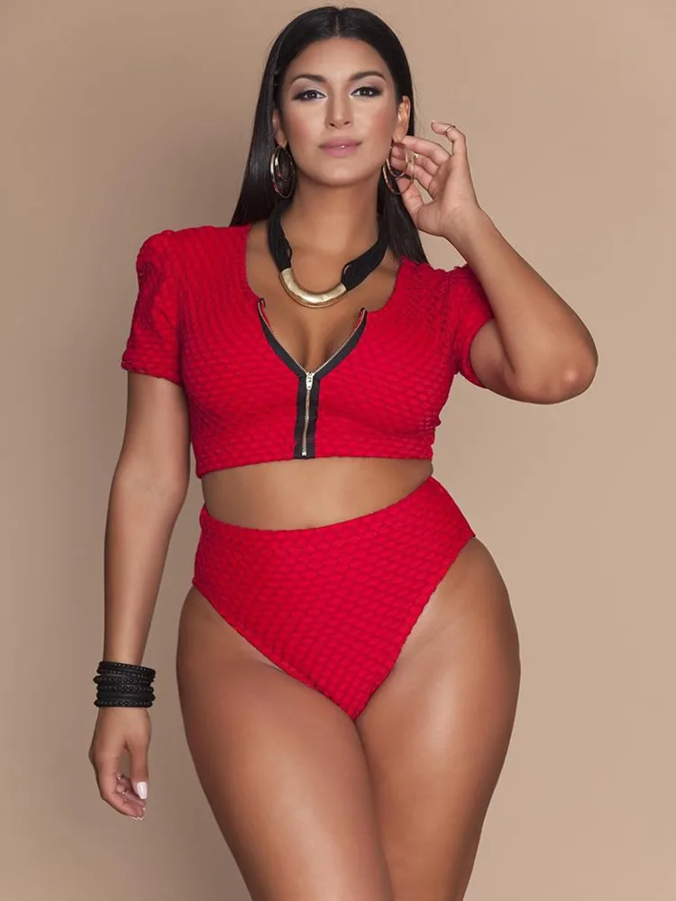 Sexy Large Size Bikini Set Women Swimwear 2023 New 2-piece Swimsuit Monokini Female Zipper Short Sleeve Bathing Suit Plus Size