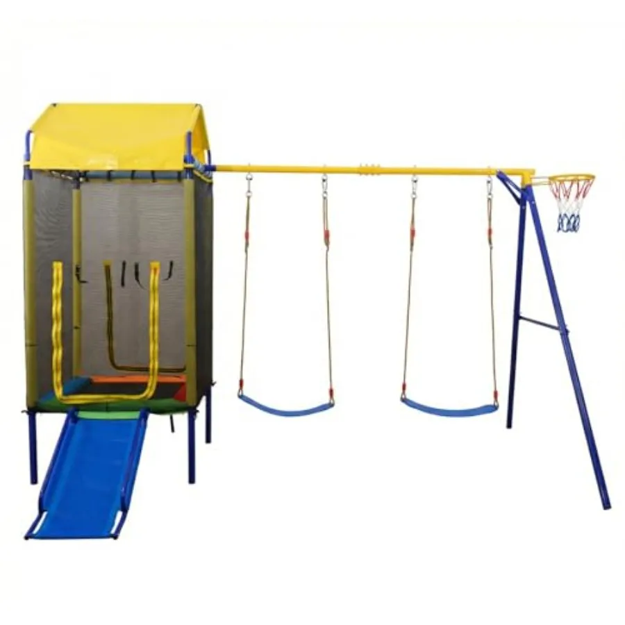 

Уличный игровой комплекс 5-в-1 с батутом и навесом, сверхпрочная металлическая А-образная конструкция для двора, 2 ременных качеля, горка, лестница, корзина