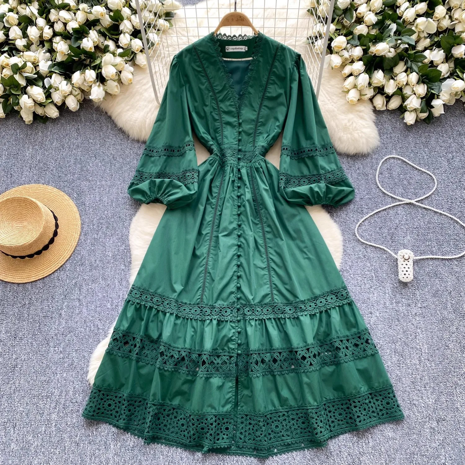 Autumn Holiday Hollow Out Lace Patchwork Long Dress Women's V Neck Lantern Sleeve Slim High Waist Solid Color Party Vestido