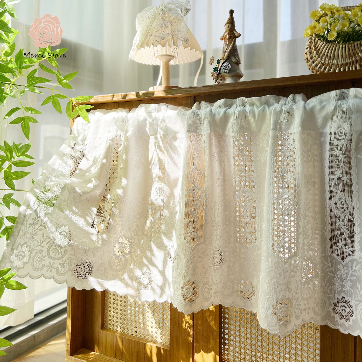 

Rural Short Tulle Curtain for Bedroom Kitchen Living Room Lace Short Curtain for Decorating Cabinet Easy-install Rod Pocket