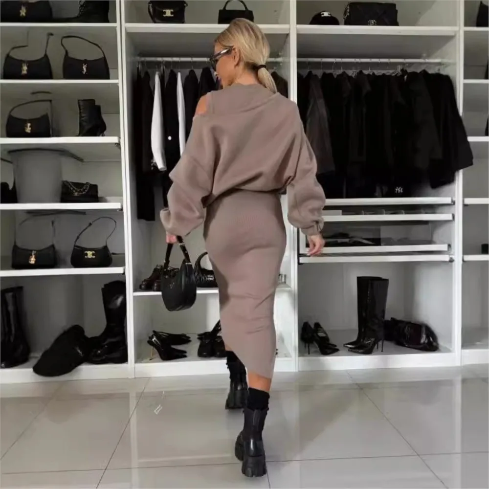 Fashion Long Sleeve Knitted Sweater And Dress Two Piece Sets For Women 2024 Autumn Winter Outfits Warm Sexy Bodycon Drsses Sets