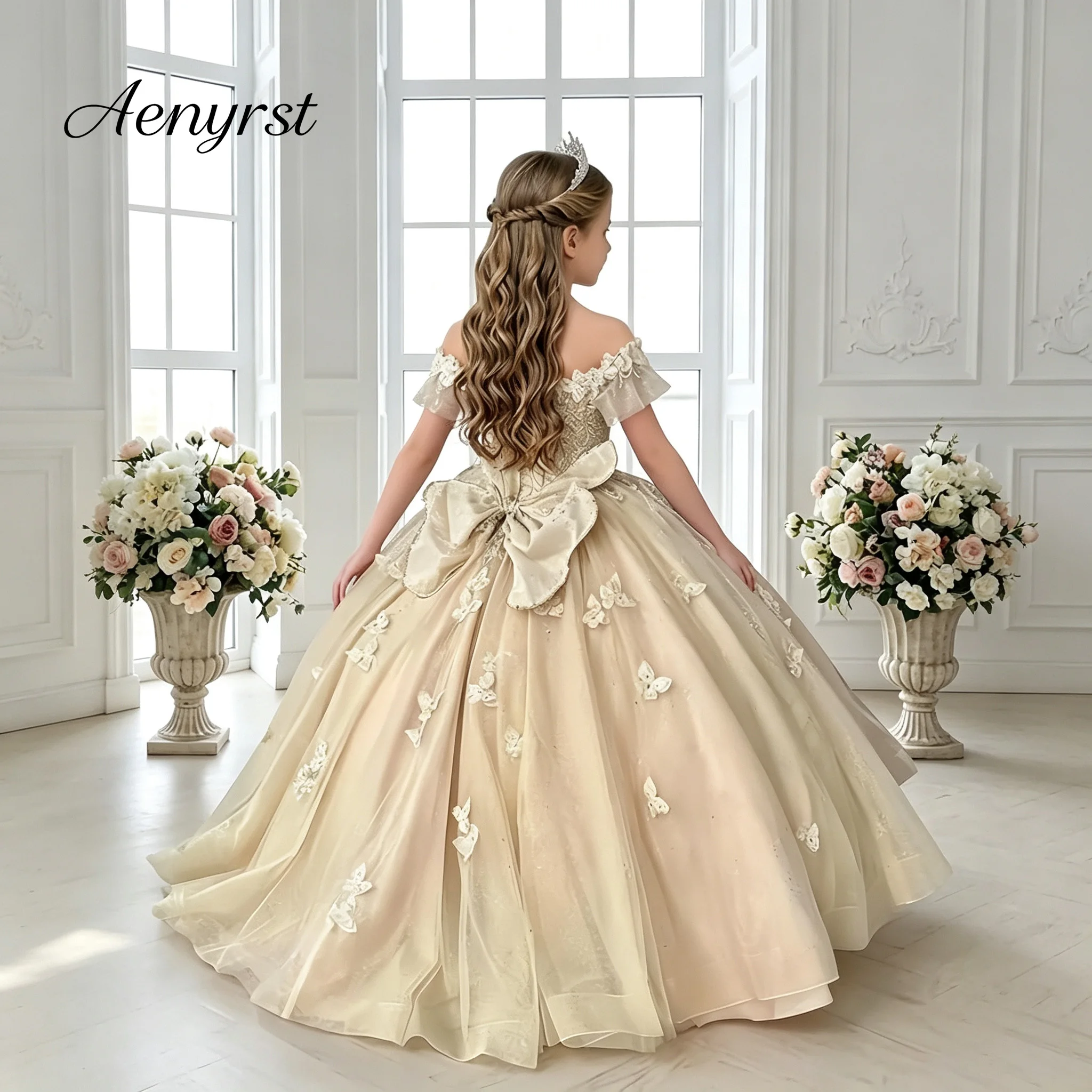 Girls Champagne Off Shoulder Butterfly Ball Gown Beaded Tulle Flower Girl Dress Kids Wedding Formal Party Dress