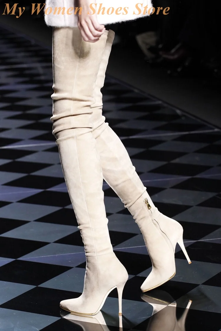 سليم الجلد المدبوغ الفخذ أحذية عالية سستة خنجر رقيقة عالية الكعب مثير مدبب تو فوق الركبة النساء فستان أحذية اليدوية