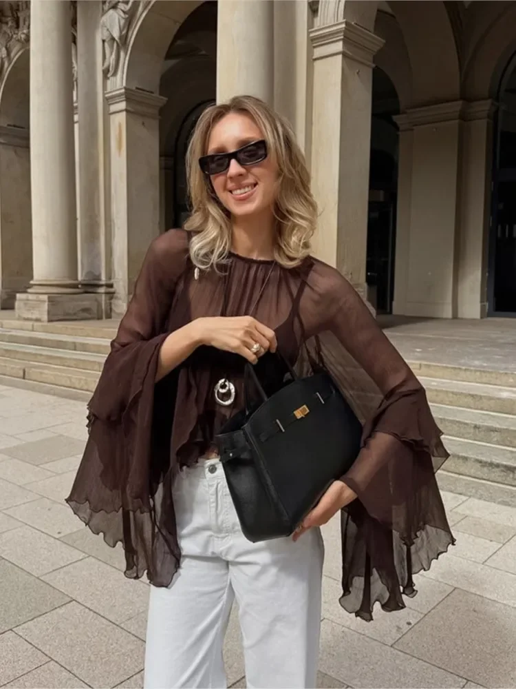 Chiffon Loose Shirt For Women Sexy See-Through Ruffles Sleeve Blouse 2025 New Summer Chic Fashion Solid Casual Round Neck Shirts