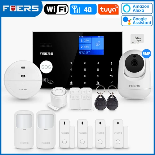 FUERS-sistema de alarma inalámbrico WIFI GSM, sistema de alarma de seguridad antirrobo para el hogar, Control por aplicación Tuya, sirena, Detector de movimiento, Sensor de humo PIR
