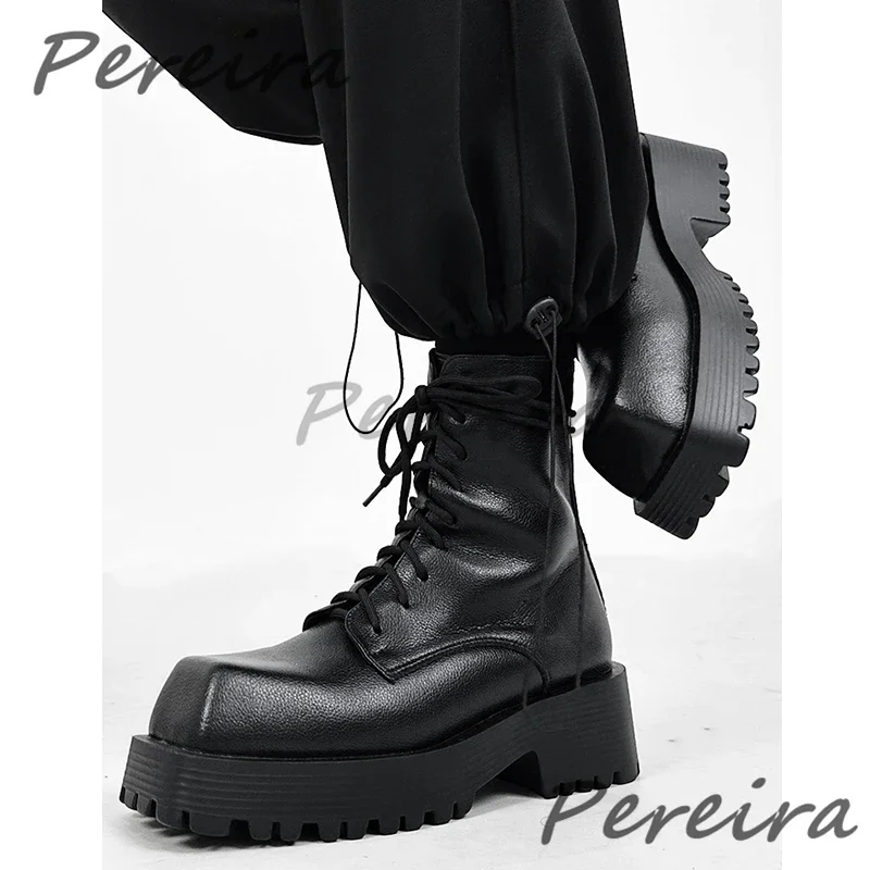 ساحة تو سميكة وحيد دراجة نارية أحذية الرجال الأسود مكتنزة منصة جلدية أحذية بوت قصيرة الخريف الشتاء الدانتيل يصل الراحة الرجال الجوارب