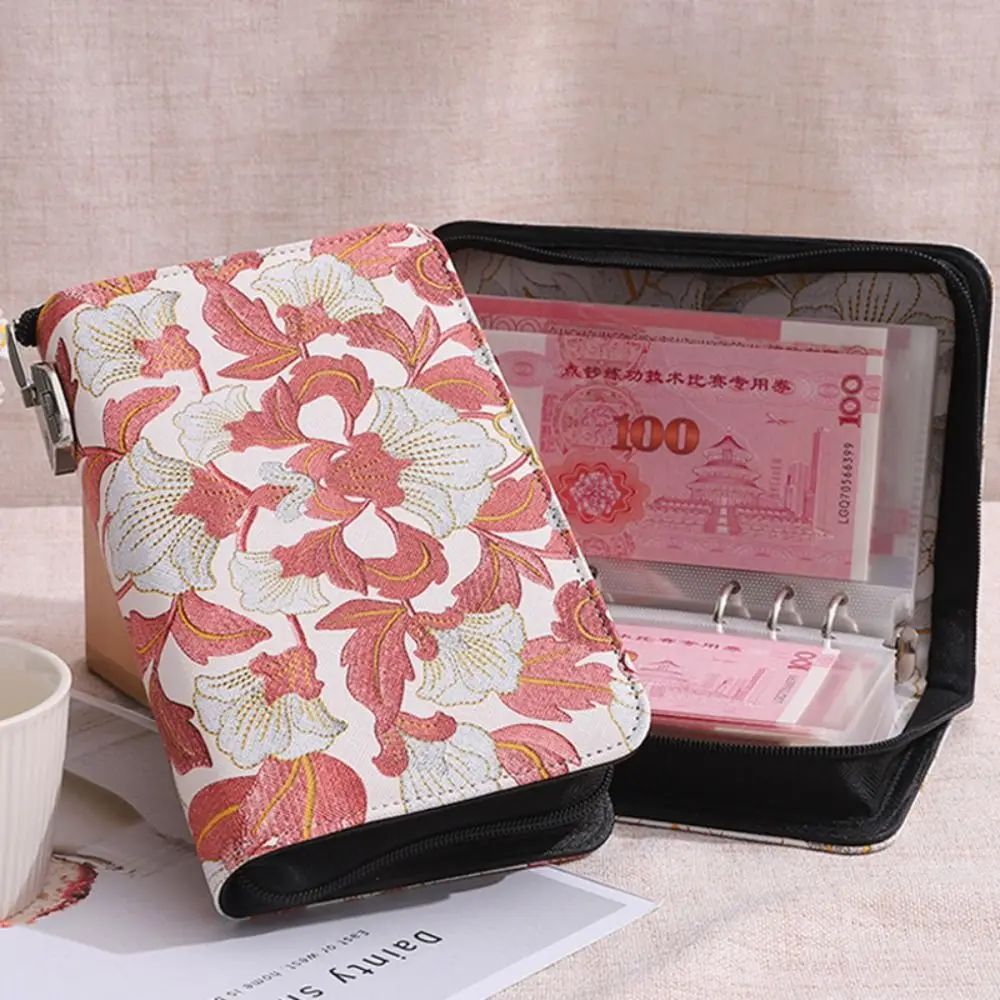PU Leather Money Savings Binder Peony Pattern with Password Lock Savings Binder Large Capacity 100 Pockets Money Organizer Album