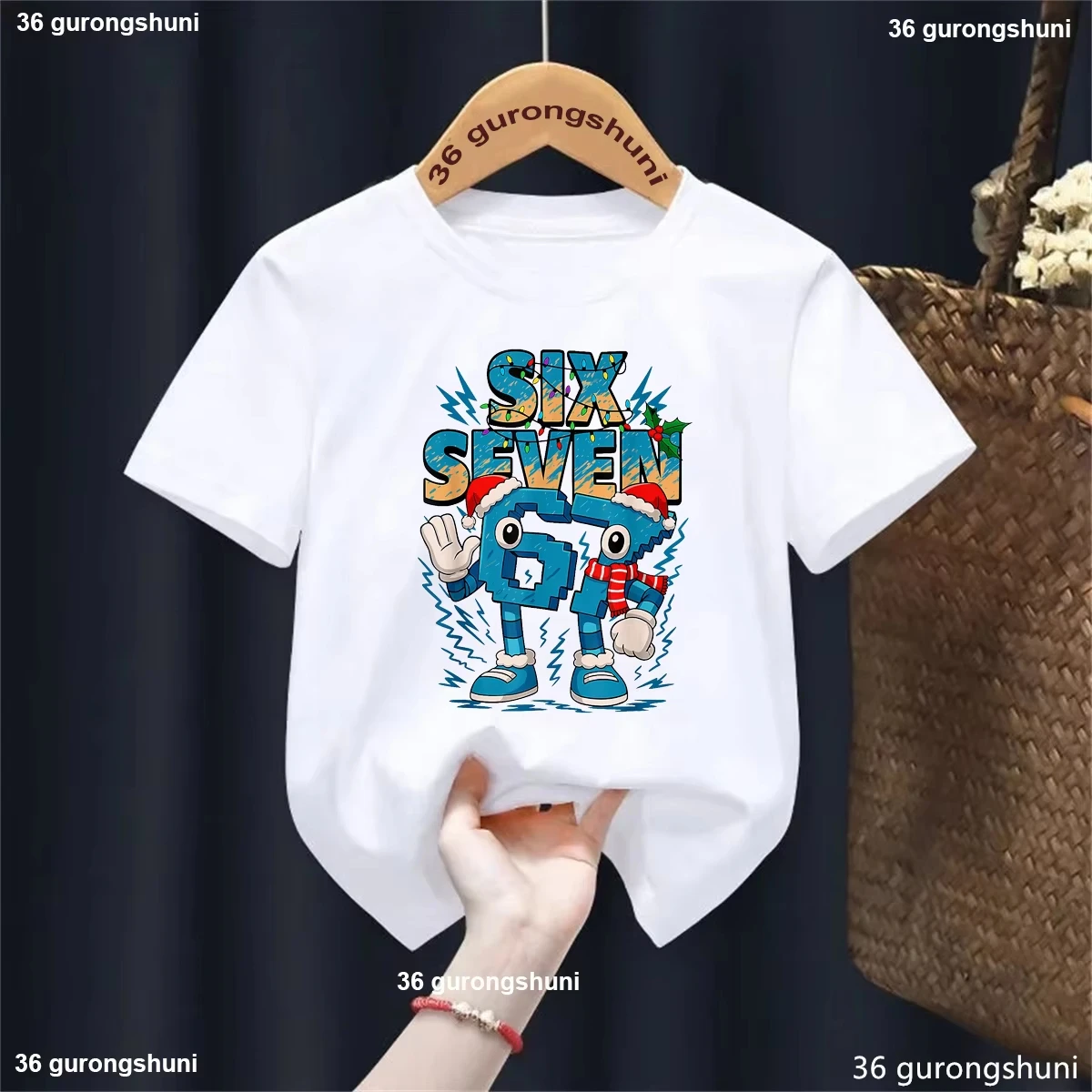 Kids 67 Christmas Cartoon Character T-Shirt, Breathable Cotton, Casual Holiday Topdf0189