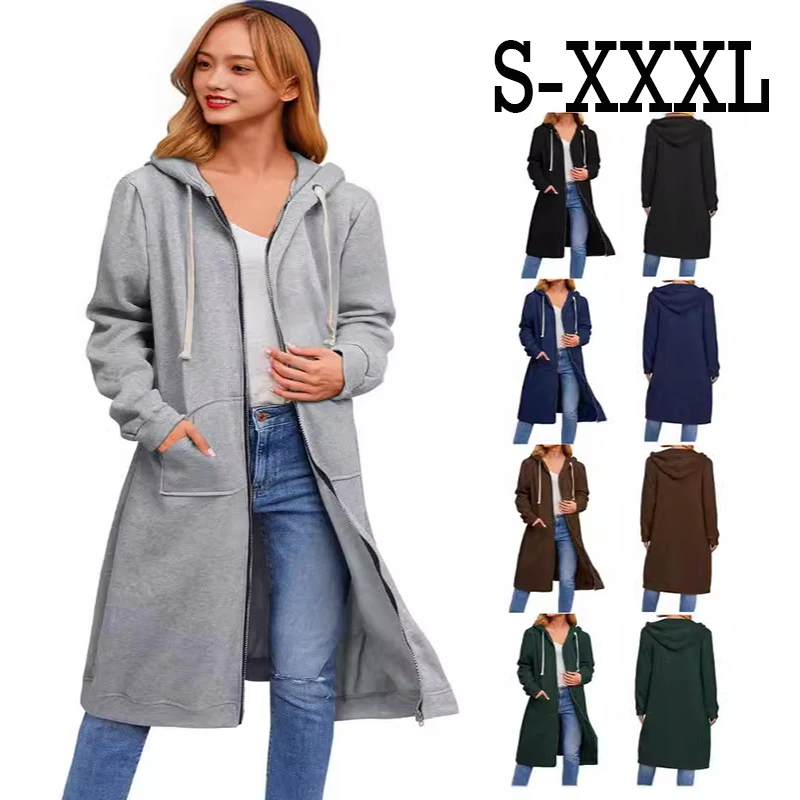 

Women's Solid Color Hooded Zipper Coat British Style Mid-Length Casual Loose Long Sleeve Cardigan Coat Trench Coat for Women