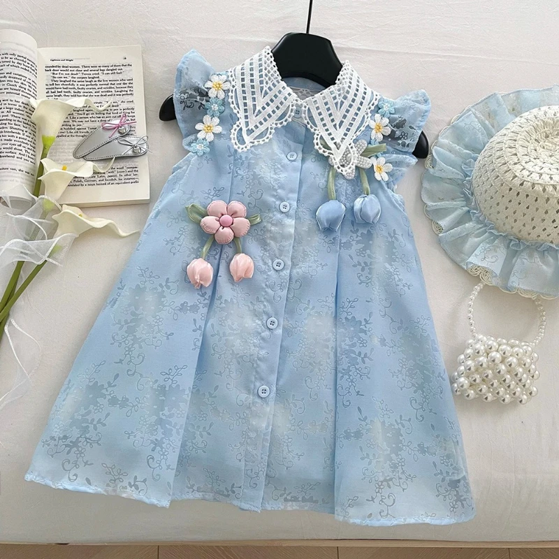 Summer New Girl's Hollow Bow Flying Sleeve Three Dimensional Flower Princess Dress with A Hat Girl's Dress