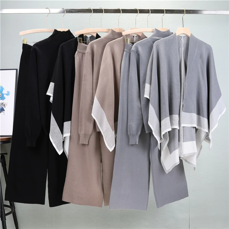 Women Auutumn Winter 2023 Elegant Pullovers Trousers Set Warm Sweaters + Wide Leg Pants+Color matching shawl 3 Piece Set