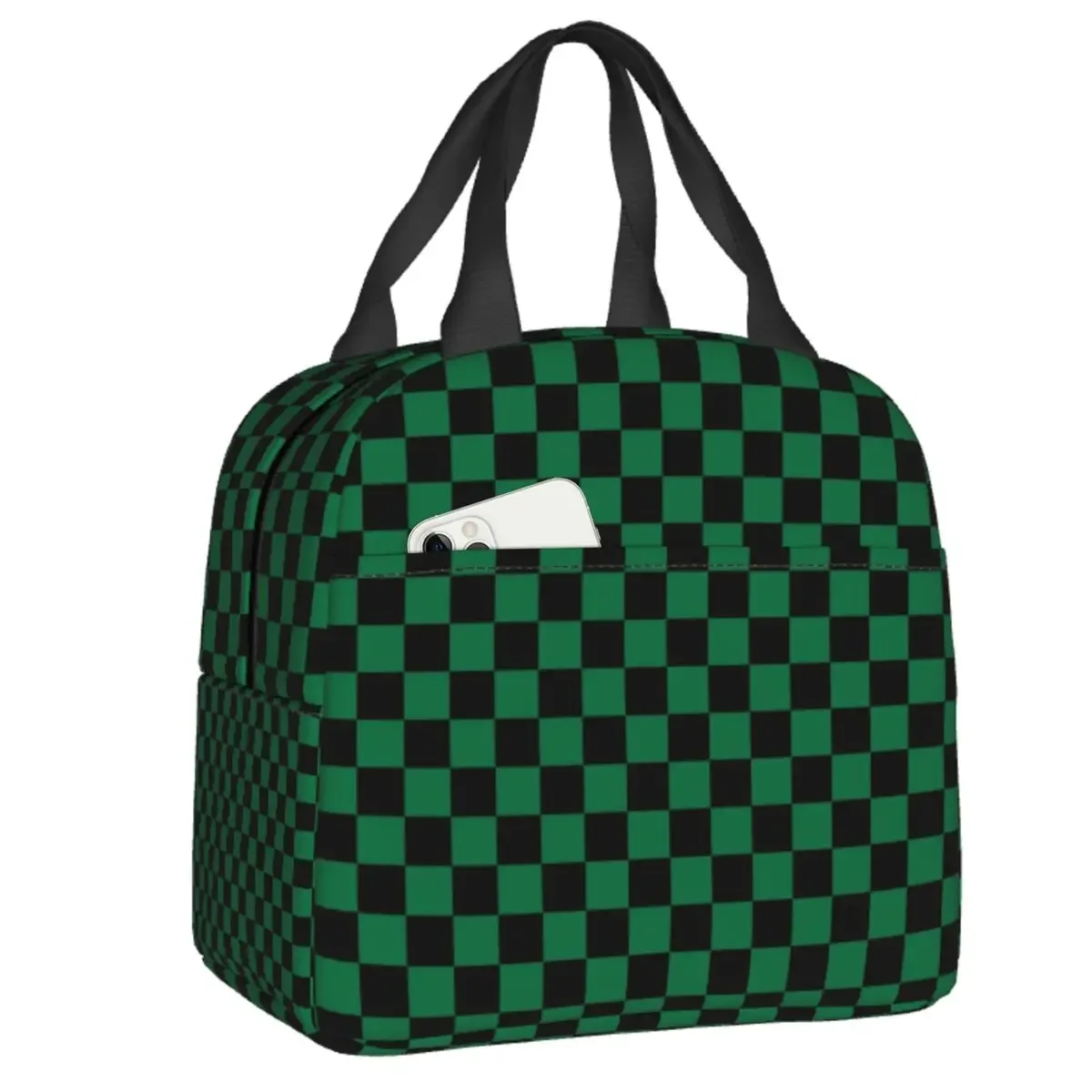 Black And Cadmium Green Checkerboard Insulated Lunch Bag for Outdoor Picnic Checkered Cooler Thermal Bento Box Women Children