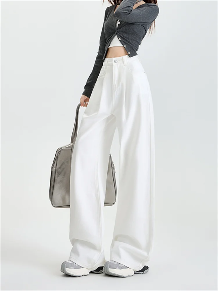 White WideJeans Women Fall Winter Korean Style High Waist Pleated Loose Trousers Versatile Drape Fit Straight Floor Length Denim