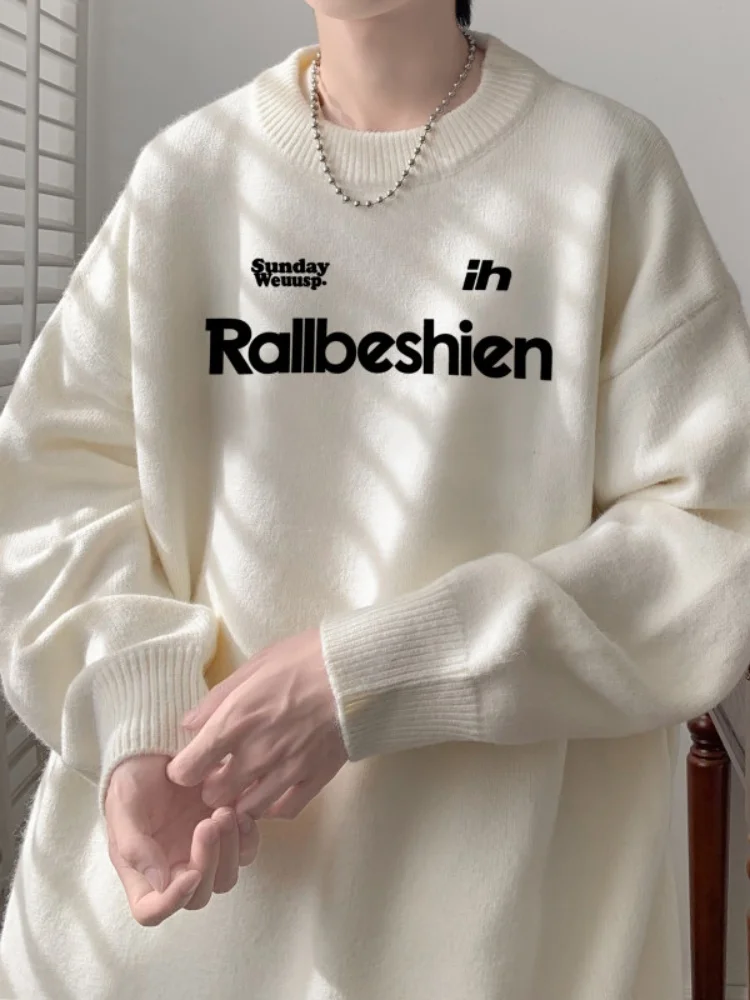 

Мужской вязаный свитер в американском ретро-стиле с круглым вырезом, с буквенным принтом, модная верхняя одежда, удобный, утепленный, с длинными рукавами