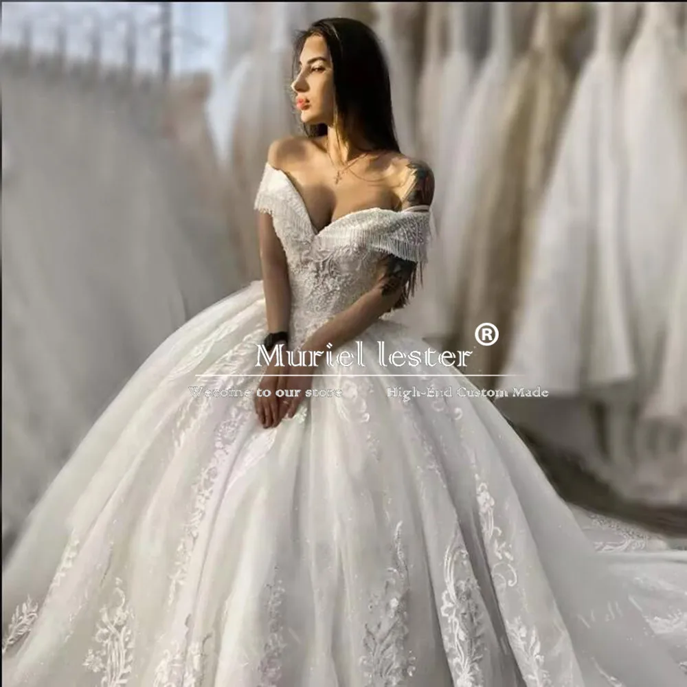 Romântico princesa vestido de baile vestidos de casamento com decote em v rendas apliques vestidos de noiva fora do ombro frisado noiva roupas de casamento 2025