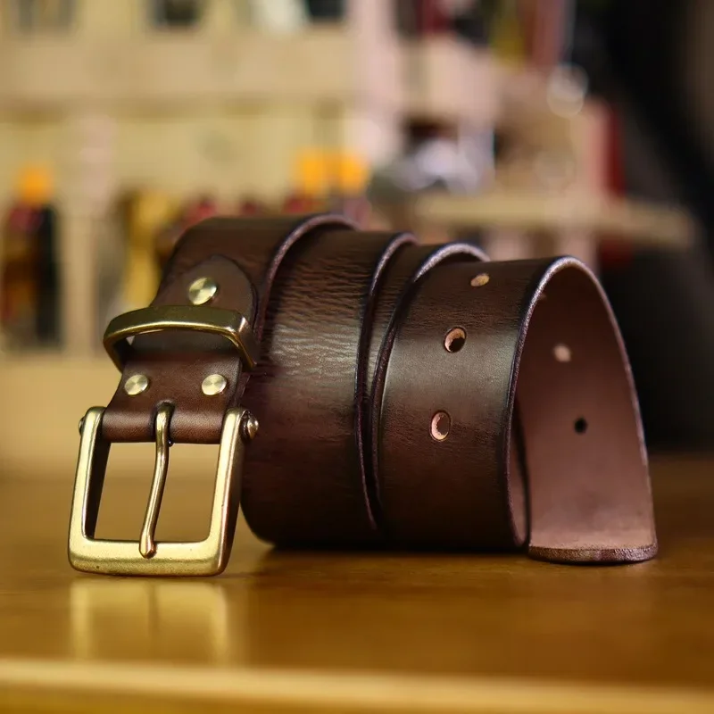 Stylish and Durable Handcrafted Cowhide Belt with Brass Buckle for Men 38mm Width 4mm Thickness