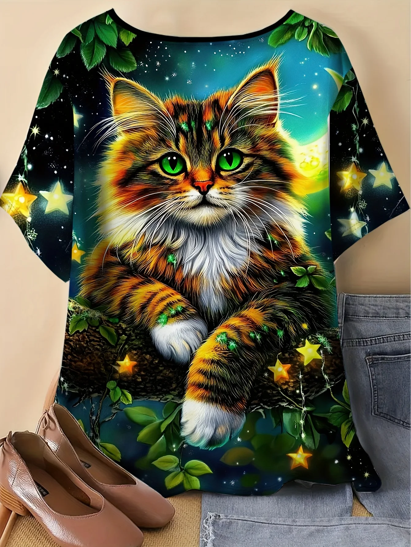 Women Crew Neck Short Sleeve T‑Shirt, Fluffy Long‑Hair Cat Starry Night Forest Art Graphic Tee