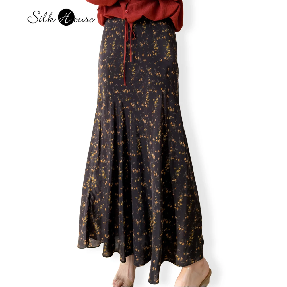 

Женская повседневная летняя новая юбка из 100% натурального шелка тутового шелкопряда, двойной креп, диагональный крой, с широким подолом, с принтом, фасон «рыбий хвост»