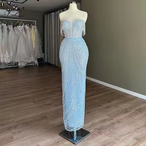 Pearl Evening Gown Rhinestone Tassels Mermaid Dress Strapless Cocktail Dress Party Gown Evening Gown Customization