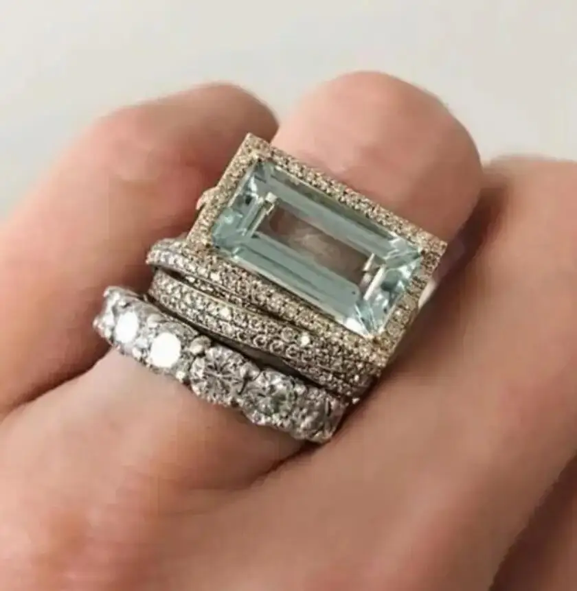 

Exquisite Three Piece Set Inlay Blue Square Zircon Rings For Women Birthday Gift Fashion Custom