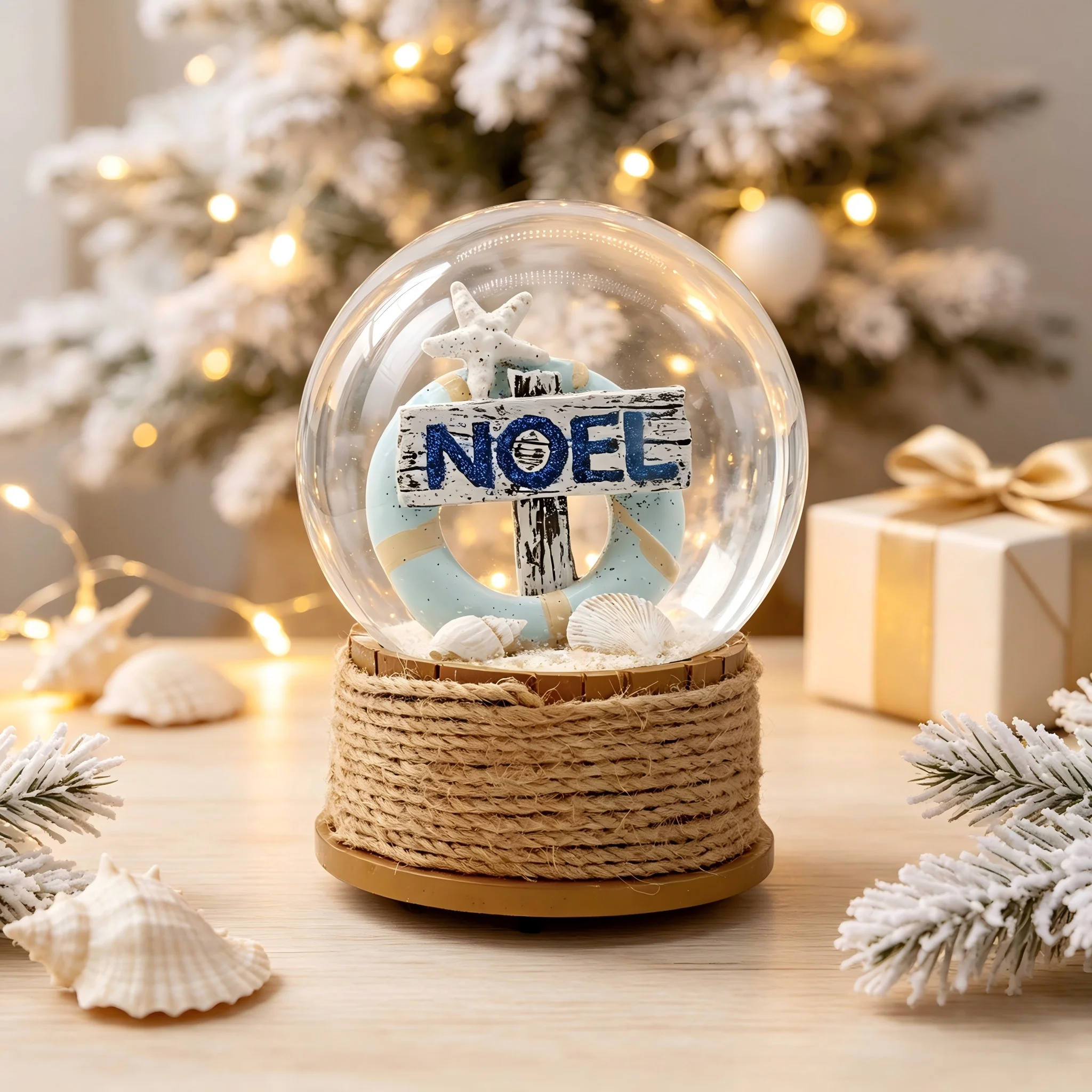 Coastal Nautical Snow Globe Figurine Starfish Lifebuoy Beach‑Style Christmas Crystal Ball Xmas Tabletop Home Decor Ornament