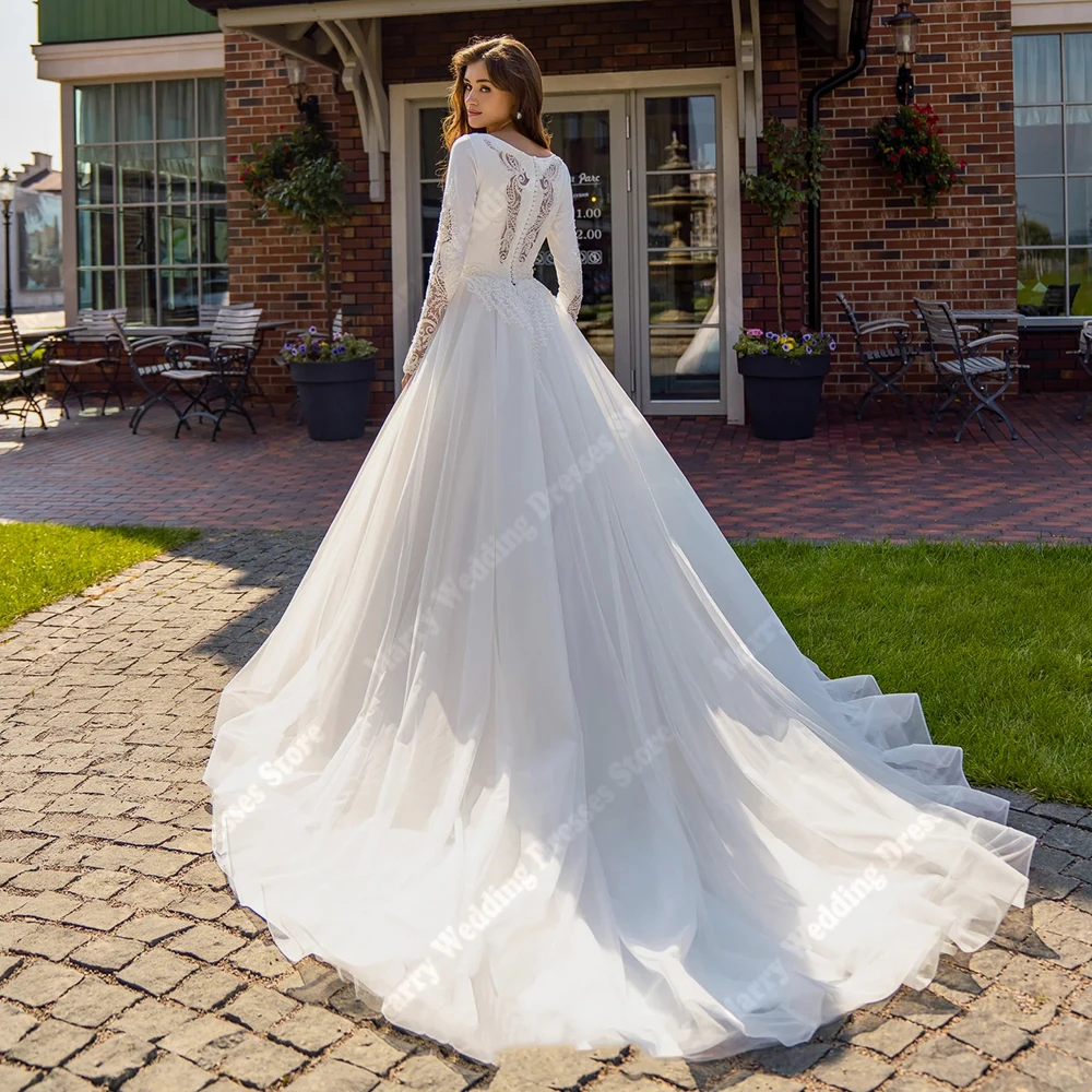 Suknie ślubne damskie w stylu romantycznym A-line z długim rękawem, skromne, długość do podłogi, na bankiet, Vestidos Para Mujer, możliwość personalizacji, 2026