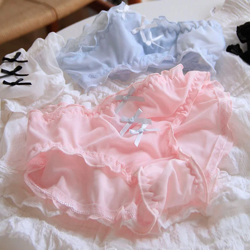 Bow-tie Perforated Breathable Lace Mid-waist Women's Panties, Cute Girls' Triangle Panties.