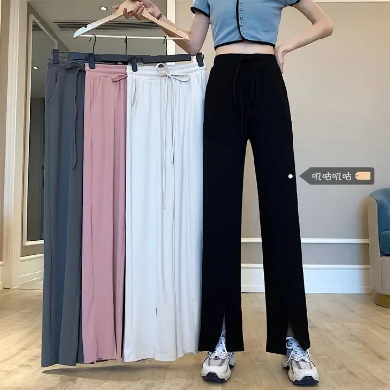 Oversized Split Wide Leg Pants Y2k Clothes Women in Spring Summer High Waisted Slim Casual Chubby Loose Pockets Long Trousers