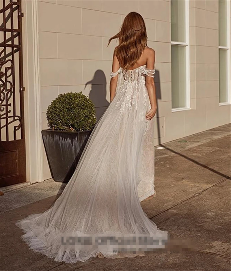 Haute Couture White Bride Dress Embroidery Floor-Length Appliques Sweep Train Off the Shoulder Wedding Dress