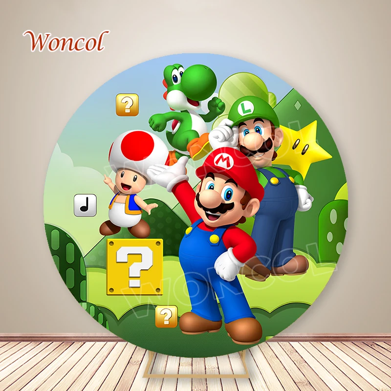 Fondo redondo de Super Mario Yoshi Toad Mario Luigi telón de fondo Super Mario Bros cubierta de cilindro decoración de fiesta de cumpleaños para niños foto Prop