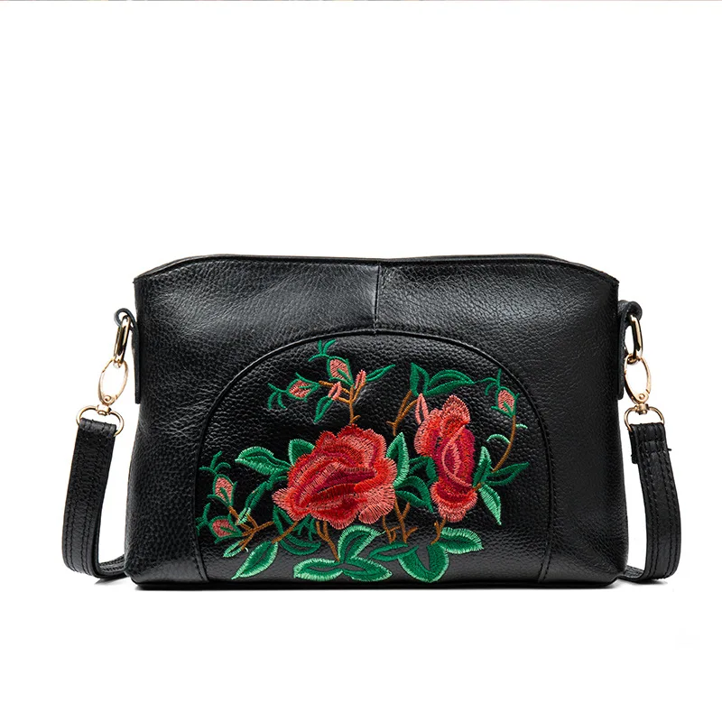 Johnature Women Genuine Leather Bag 2024 New Chinese Style Embroidered Vintage First Layer Cowhide Shoulder & Crossbody Bags