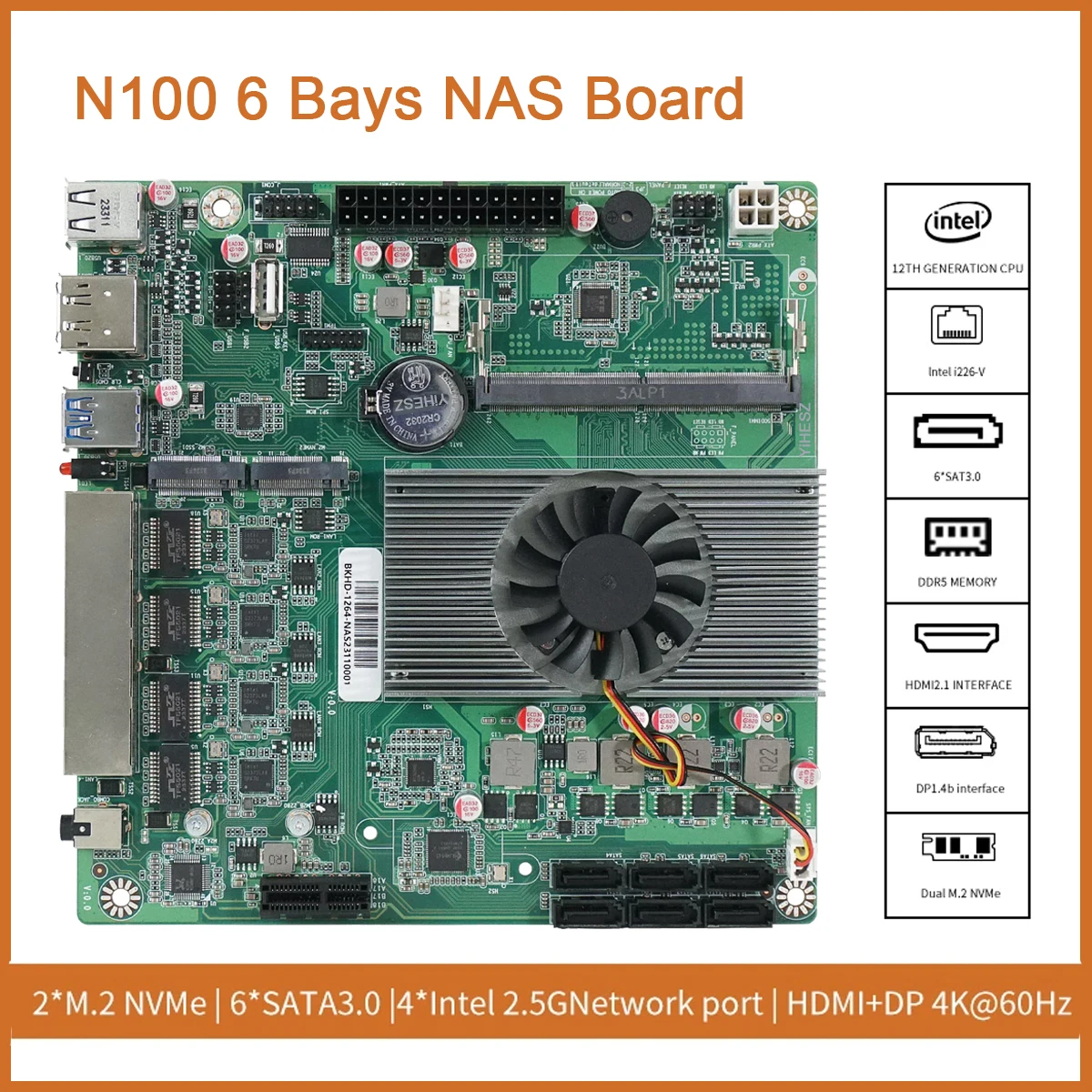 N100 NAS DDR5 Motherboard 6* SATA3.0 4X Intel I226 2.5G Mini ITX 17x17CM 2* M.2 1XPCIE For Soft Router DIY NAS Storage Server