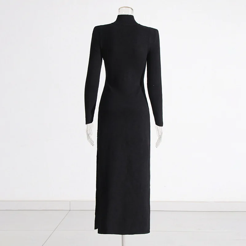 2026 Spring Sexy Flirty Party Knit Maxi Dress Belted Stand Collar Leather-Panel Split-Hem Bodycon Dress for Women