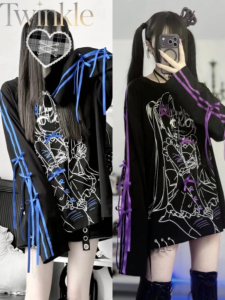 Kawaii Anime Graphic Tee Oversized Jirai Kei Streetwear Black Purple Long Sleeve Shirt Japanese Alternative Fashion