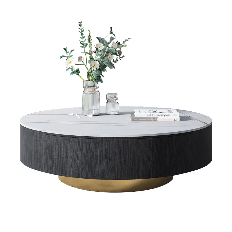 

Modern round calcined stone top coffee table with drawers storage function center table
