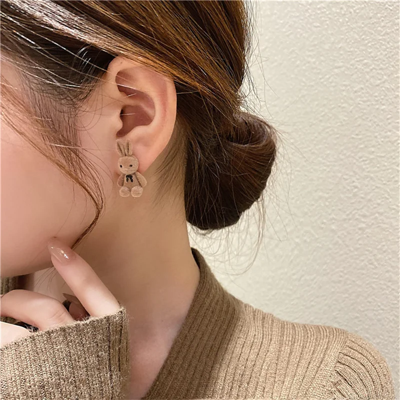 Women's Cute Flocking Plush Rabbit Bear Stud Earrings