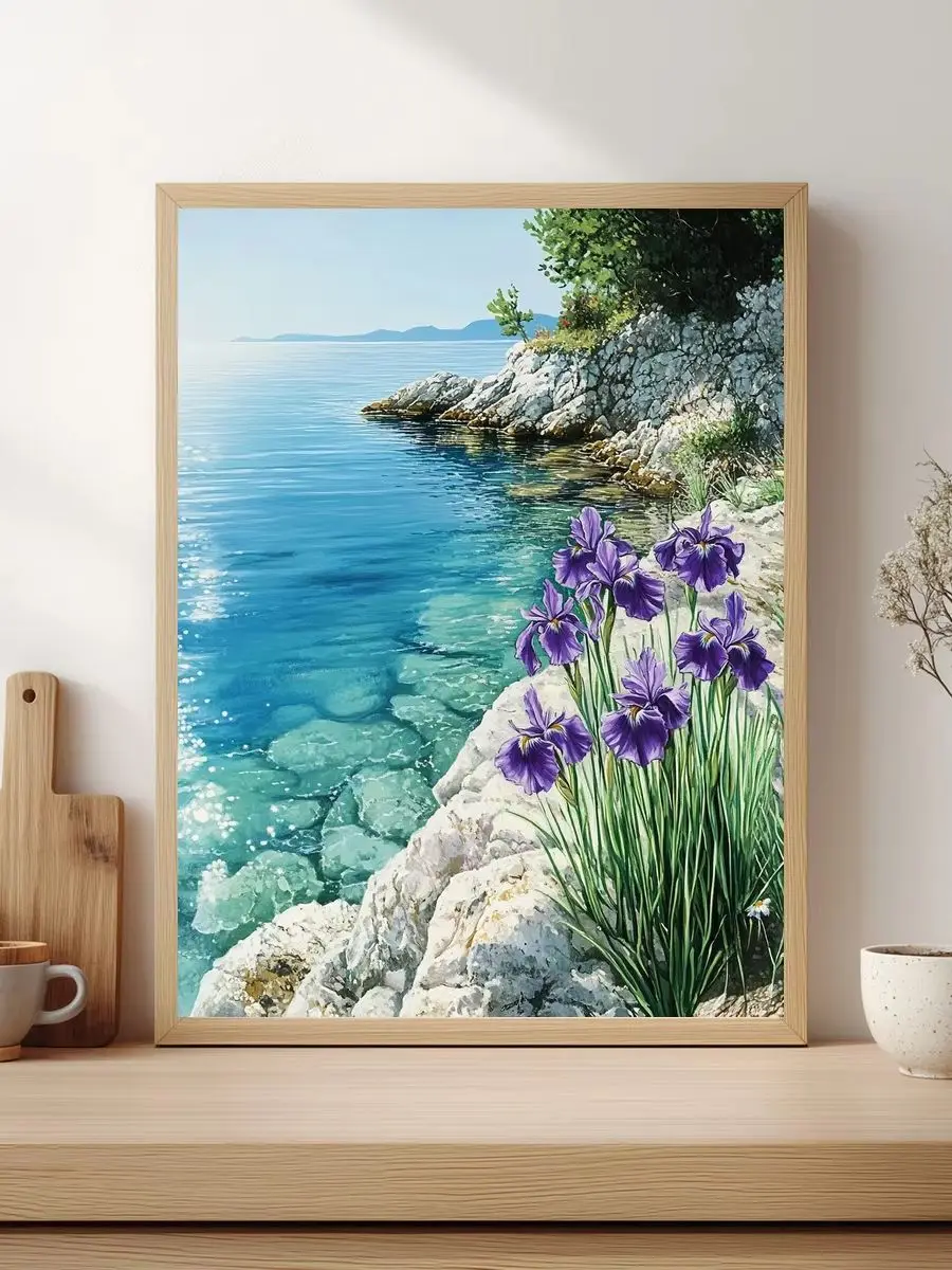 1 Stück 30x40cm/11,8x15,7 Zoll, 11Ct/14Ct Kreuzstich-Set, DIY Valentinstagsgeschenk, Stickerei-Set für Festlichkeiten, Iris am Meer – Detail 1