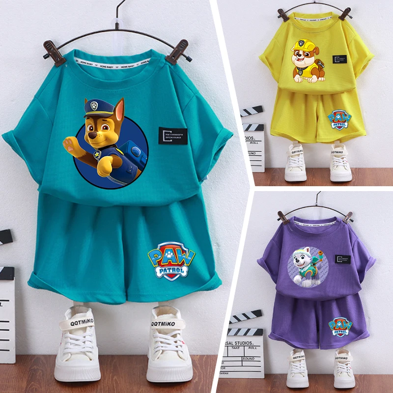 

2pcs PAW Patrol T-shirt+shorts Chase Skye Cartoon Anime Sportswear Children Clothing Boy Girl Kawaii Fashion Short Sleeve Suit