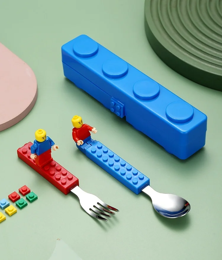 304 Stainless Kids Funny Fork Spoon Set Children Building Block