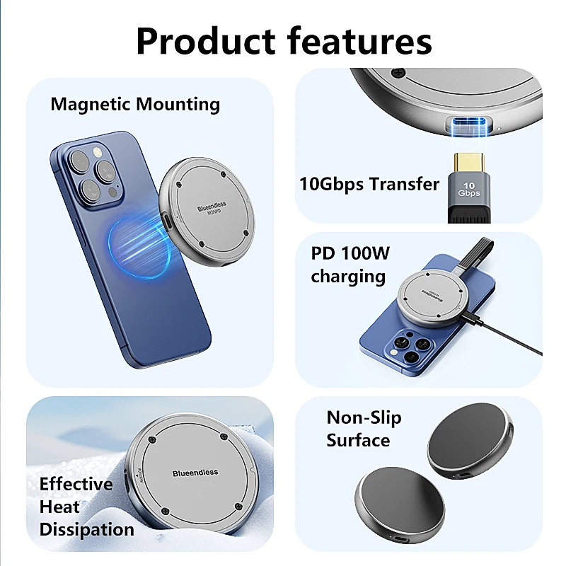 Blueendless Magnetic M.2 NVMe SSD Enclosure with PD Charging 10Gbps Type C 3.2 to NVMe PCI-E ssd case for Iphone ProRes MacBook