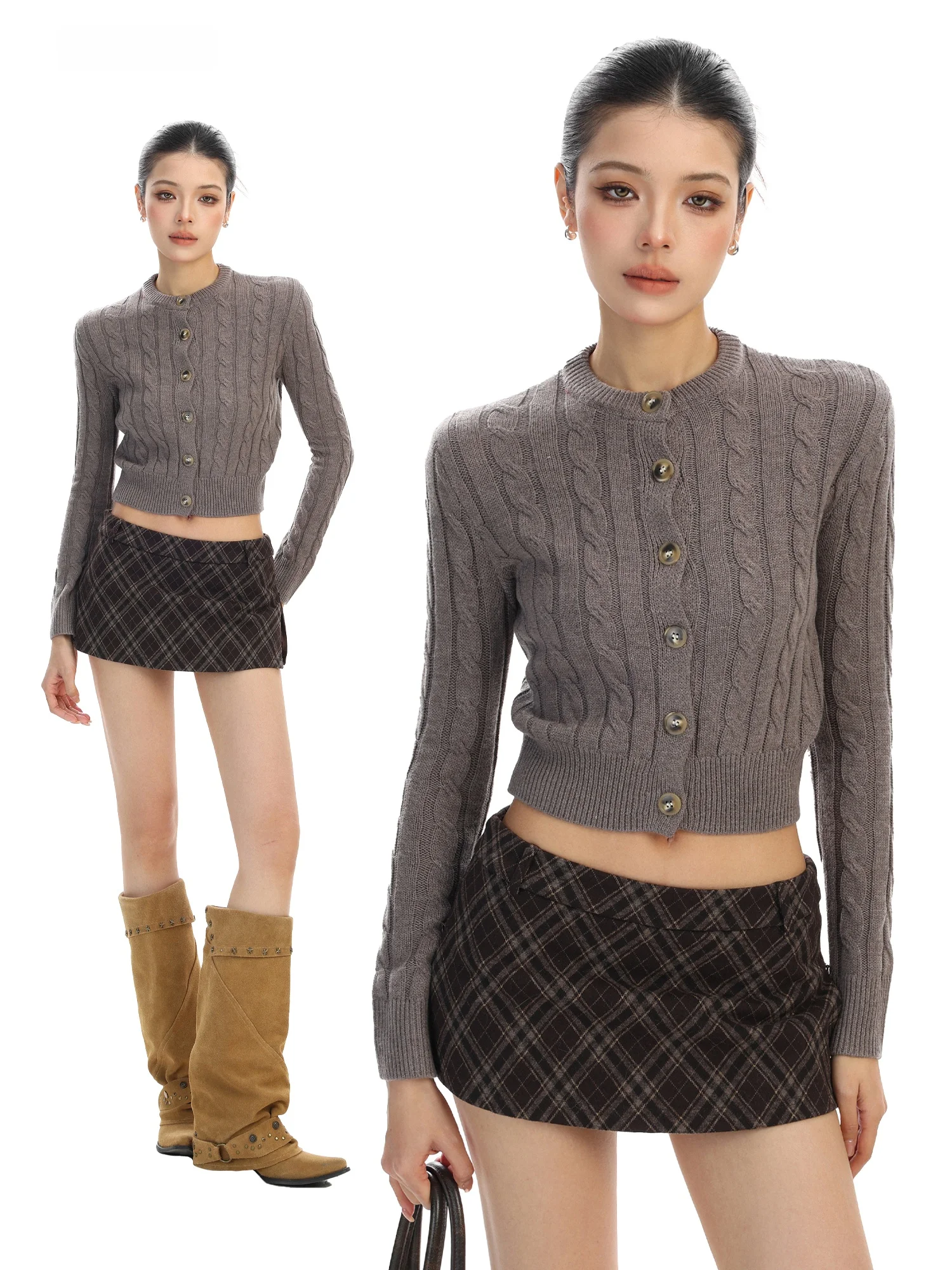 

Korean Sle round Ne Knitted Sweater ort Button up Cardigan Women's Spring Faionable Warm Soft Long Sve Top