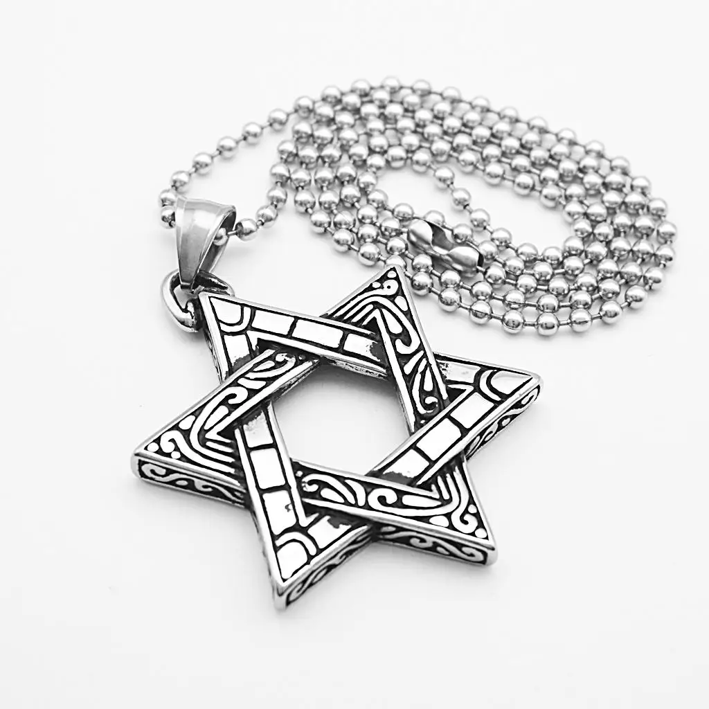 

Antique Silver Stainless Steel Six-pointed star Pendant Necklace Man Women