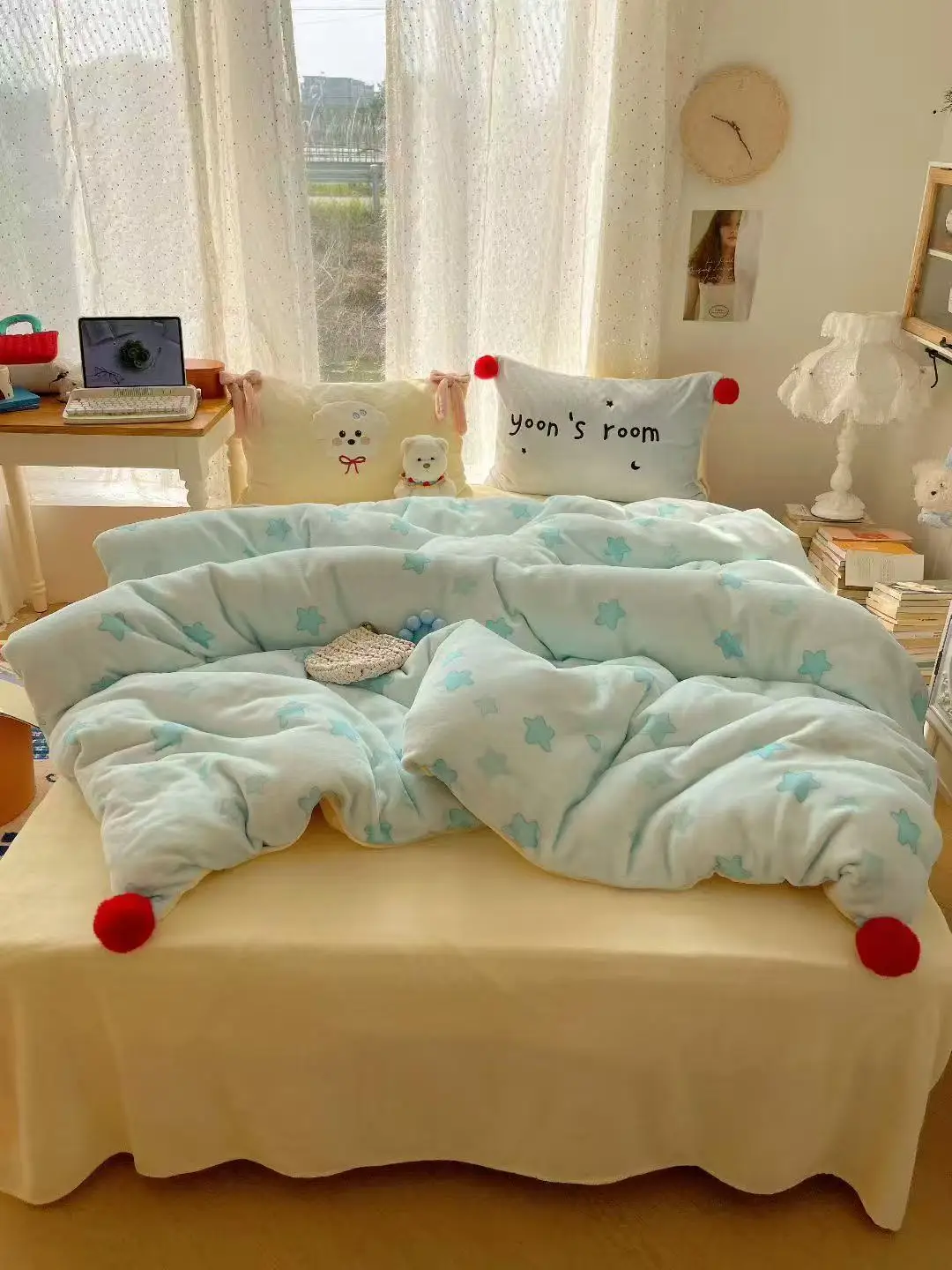 

Thiened Milk Velvet Bedding Set Fce Bedding Cover Dormi Bedding Tee-piece Set Cute Sle Winter Warm Color