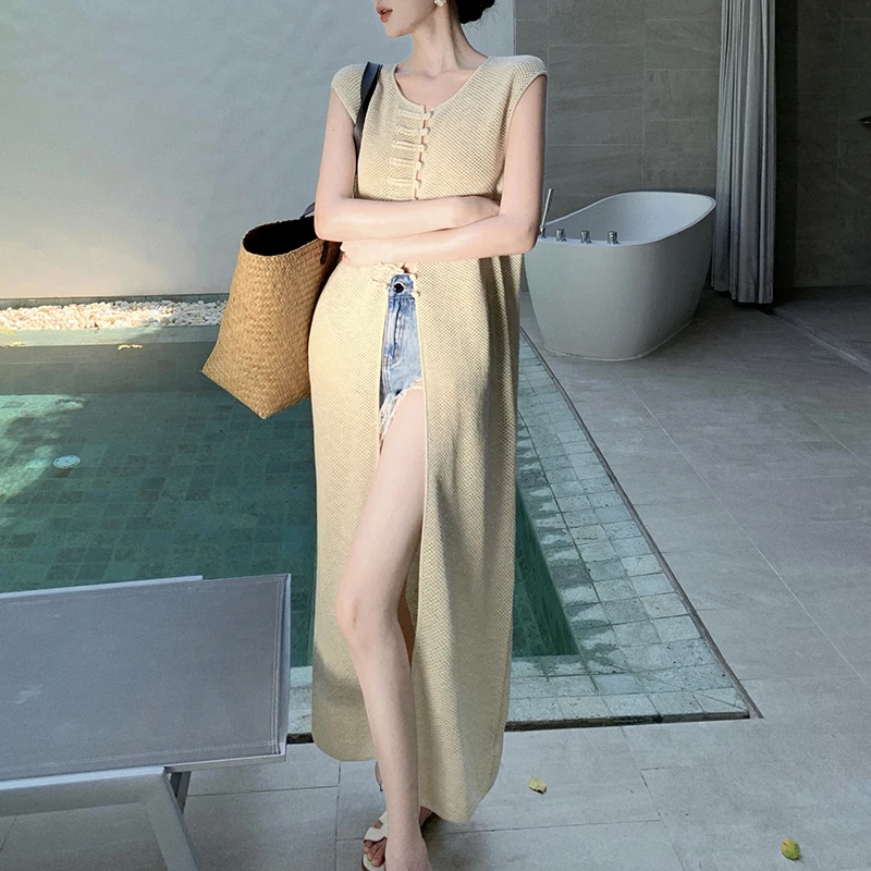 

Women Knitted Slit Tank Dress Buckle Sleeveless Long Dresses Hollow Out Sweater Dress Summer Holiday Female Vestidos Mujer Khaki