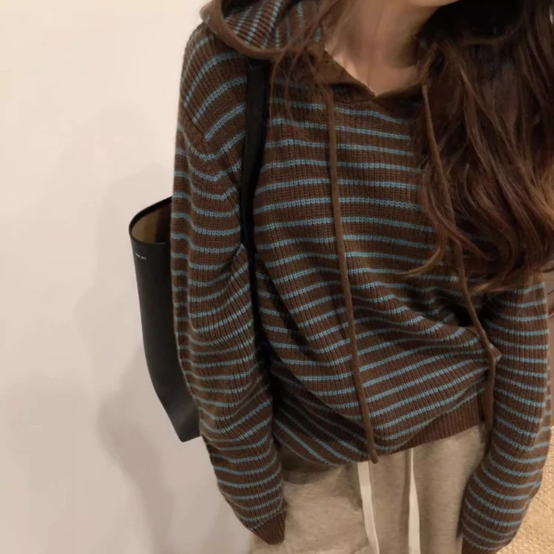 Vintage Striped Brown Sweater Women Harajuku Korean Style Knit Tops Hoodies Oversize Casual Female Long Sleeves Pullover Jumper