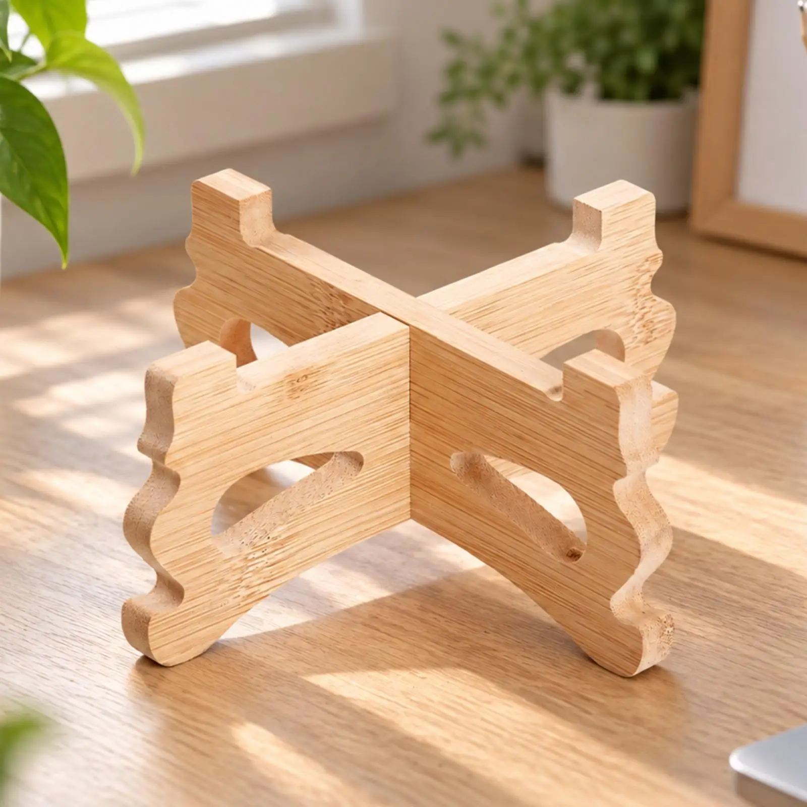Bamboo Plant-Pot Stand Wooden Bamboo Riser with Cross-Panel Construction Round Wood Display Risers Sturdy Wood Plant Stands