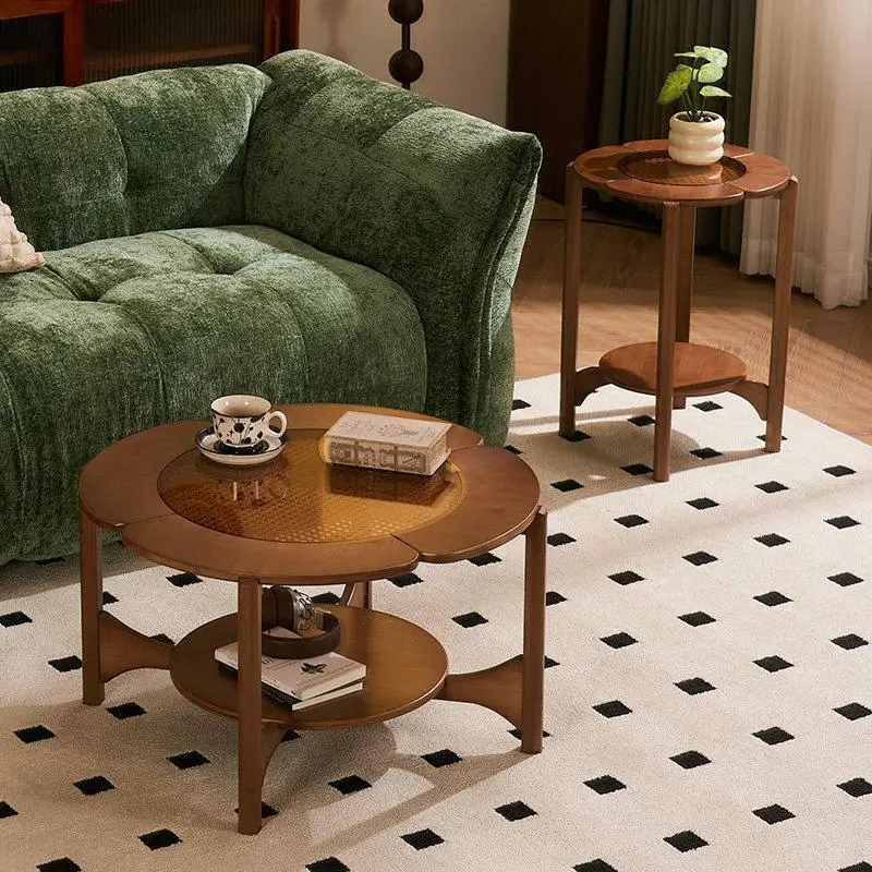 Coffee table, living room home use rattan woven four-leaf clover coffee table, creative side table