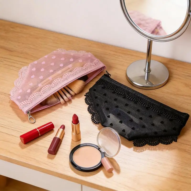 Kosmetiktasche aus Netzstoff mit Spitzenbesatz, transparentes Design und tragbar, perfekt für Reisen, den täglichen Gebrauch und die Aufbewahrung von Make-up-Pinseln und Lippenstiften. – Detail 5
