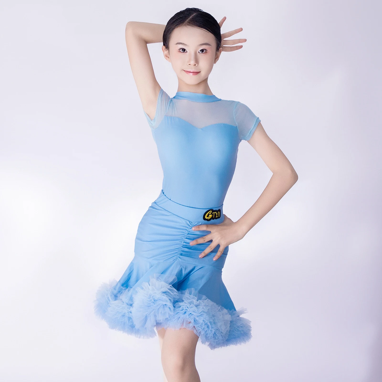 

Girls Competition Performance Costume Latin Dance Dress Lace Short Sleeve Chacha Samba Dance Practice Clothes Wear DQL10874