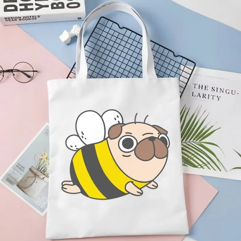 Cute Bee Pug Canvas Tote Bag Cartoon Puppy Bee Cosplay Print Shoulder Handbag Casual Reusable Shopping Bag for Women